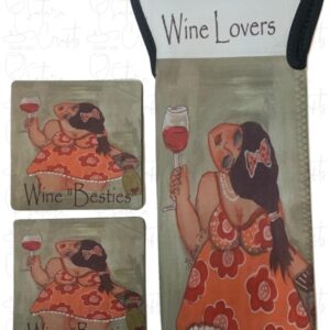 Wine Bag Orange Flowers & (2)Coasters