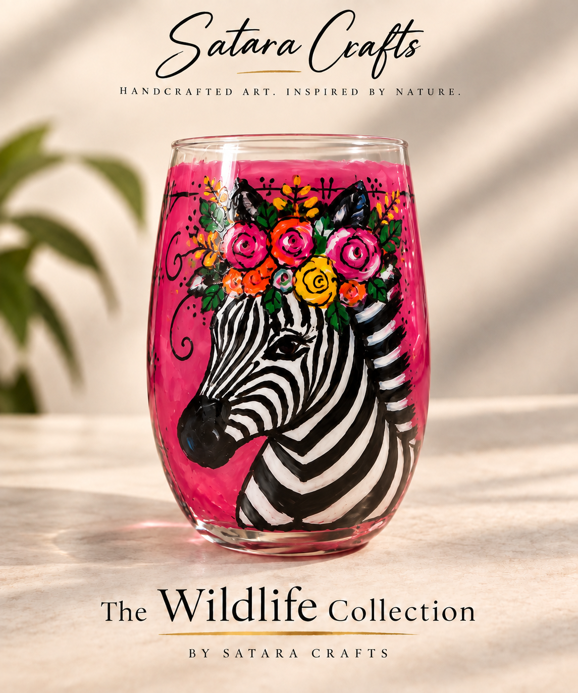 PinkZebraStemlessWineGlass